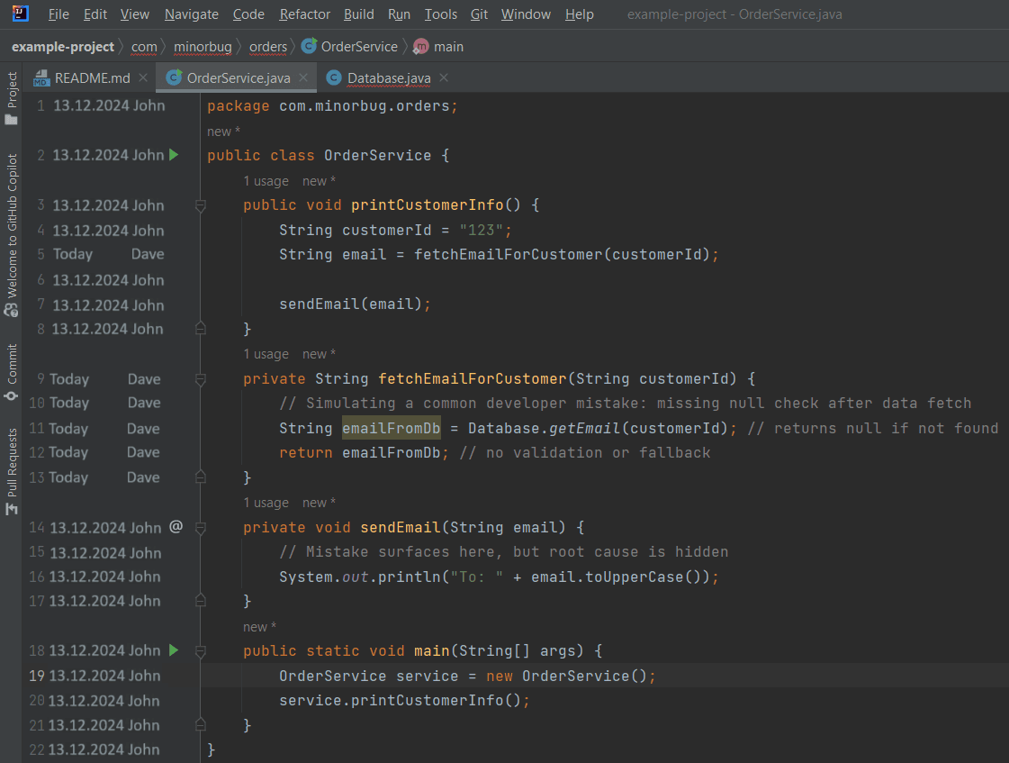 IntelliJ IDEA showing git blame annotations on Java source file OrderService.java for analyzing stack trace