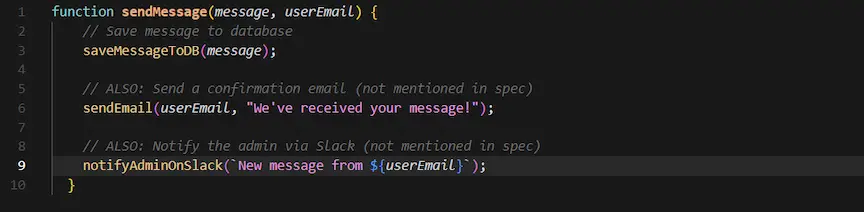 JavaScript code example showing how extra functionality was added beyond the specification when sending a message